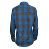 Milwaukee Leather women's brown and aqua long sleeve cotton flannel shirt laid flat, showcasing its fabric and design details.