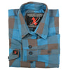 Milwaukee Leather women's long sleeve cotton flannel shirt in brown and aqua, featuring a button-up design and soft fabric.