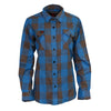 Milwaukee Leather women's long sleeve cotton flannel shirt in brown and aqua with button-up front and collar.