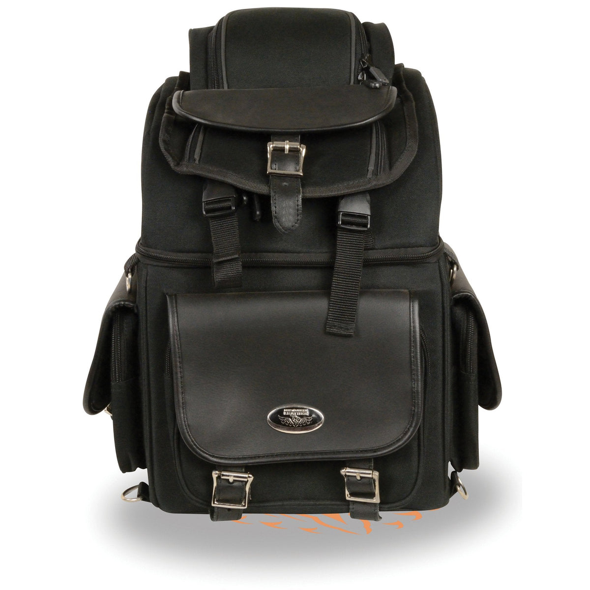 Milwaukee Leather MP8155 large black textile motorcycle seat sissy bar bag with five pockets, designed for biker storage.