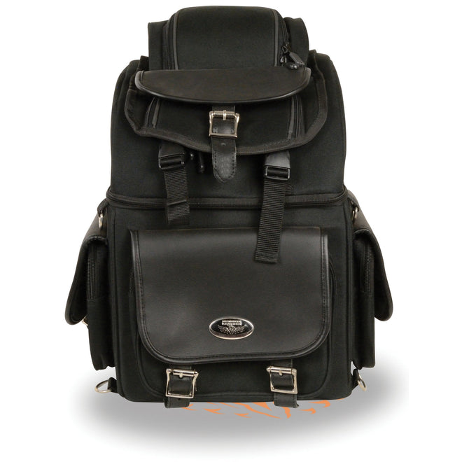 Milwaukee Leather MP8155 large black textile motorcycle seat sissy bar bag with five pockets, designed for biker storage.
