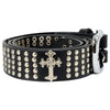 Men's black genuine leather biker belt with cross and stud accents, Milwaukee Leather MP7101 style, featuring an interchangeable buckle.
