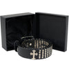 Men's black leather biker belt with cross and stud details, featuring an interchangeable buckle from Milwaukee Leather.