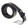 Milwaukee Leather men's black leather belt with skull and stud details, 1.5-inch wide, featuring a metal buckle for bikers.