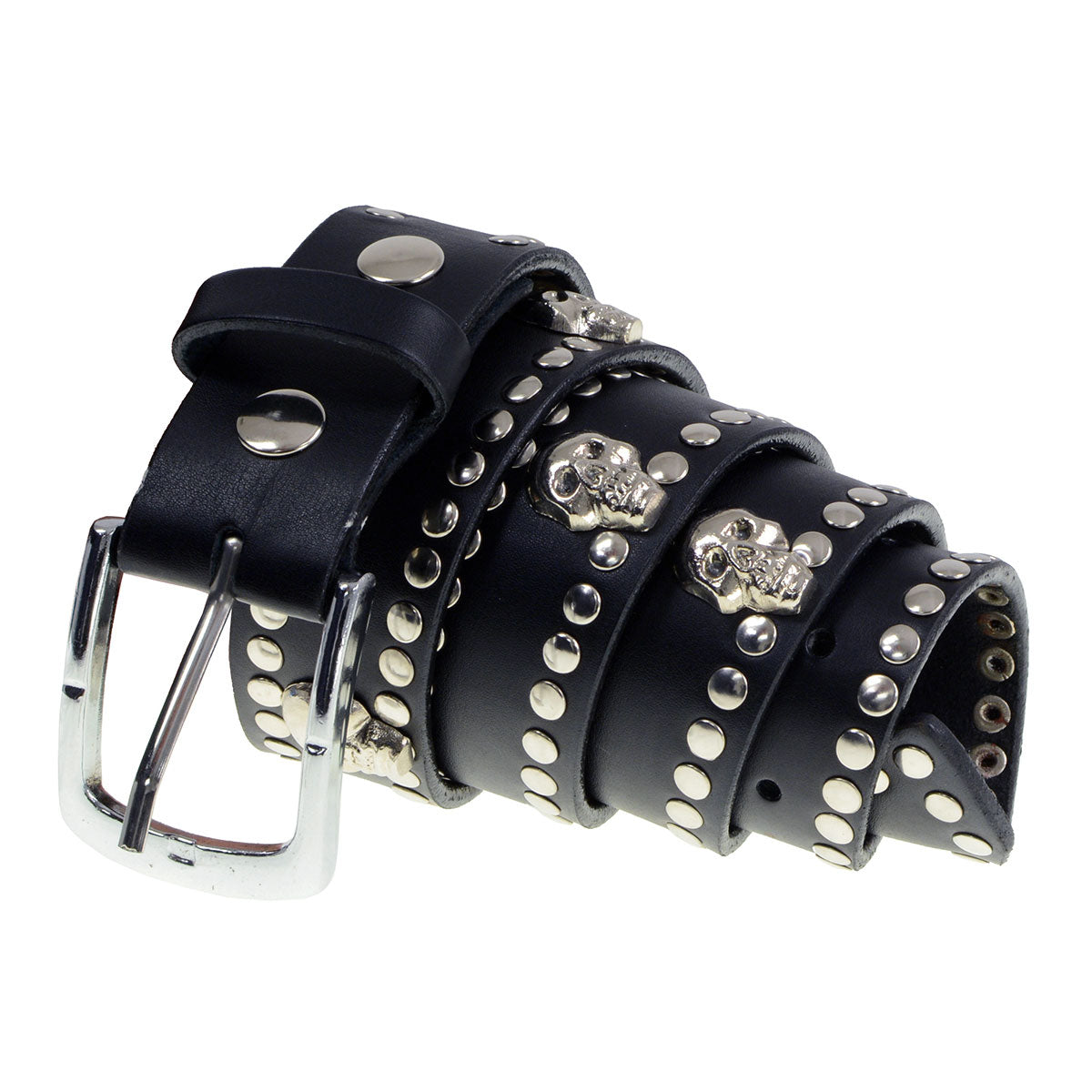 Milwaukee Leather men's black genuine leather belt with metal studs and skull design, 1.5-inch width, featuring a metal buckle.
