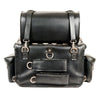 Milwaukee Leather MP8100 large black PVC motorcycle touring pack sissy bar bag with two compartments on a bike.