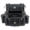 Milwaukee Leather MP8100S black PVC 2-piece studded motorcycle touring pack with sissy bar bag mounted on a bike.