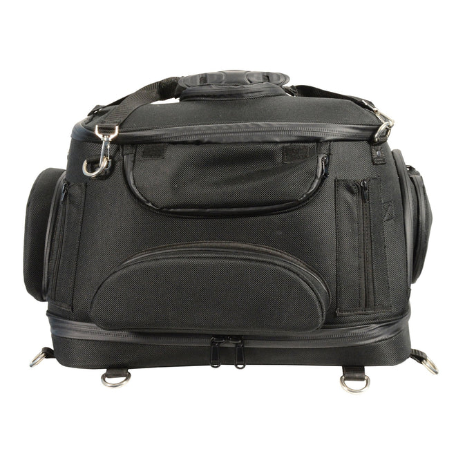 Milwaukee Leather MP8103 large black heavy-duty textile motorcycle pet carrier sissy bar bag mounted on a motorcycle seat.