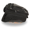 Milwaukee Leather MP8105 large black textile motorcycle back rack sissy bar bag with four outer pockets on a bike.