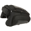 Milwaukee Leather MP8105 large black textile motorcycle back rack sissy bar bag with four outer pockets, attached to a motorcycle.