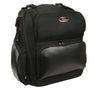 Milwaukee Leather black textile luggage sissy bar bag for bikers, large size with durable straps and zippered compartments.