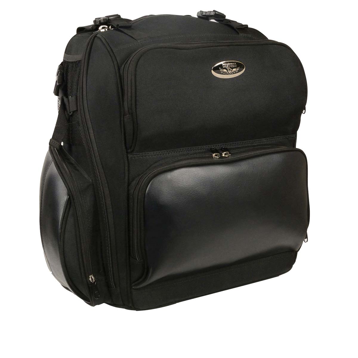 Milwaukee Leather black textile luggage sissy bar bag for bikers, large size with durable straps and zippered compartments.