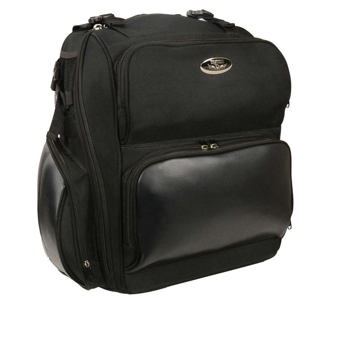 Milwaukee Leather black textile luggage sissy bar bag for bikers, large size with durable straps and zippered compartments.
