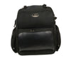 Milwaukee Leather MP8112 black textile luggage sissy bar bag mounted on a motorcycle for biker travel storage.