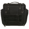 Milwaukee Leather MP8130 black textile motorcycle back rest sissy bar rack bag mounted on a motorcycle seat.