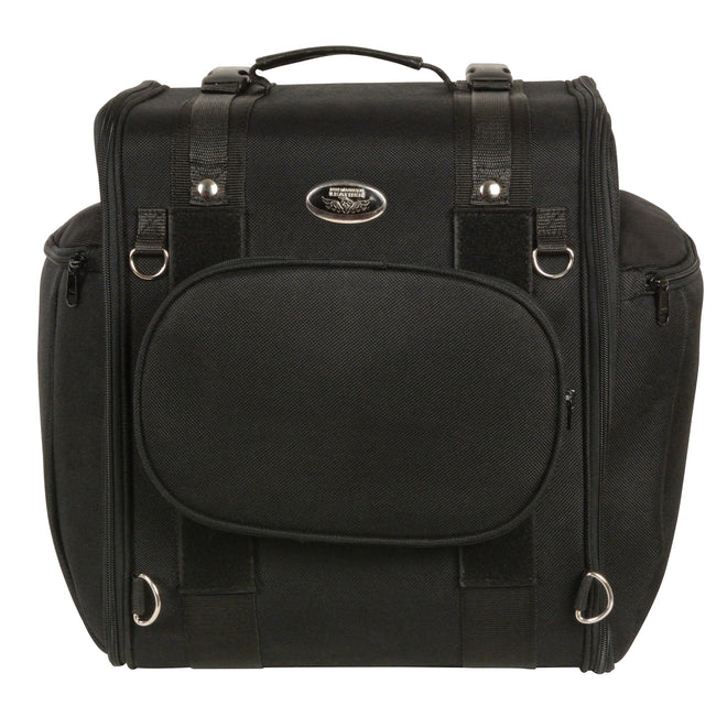 Milwaukee Leather MP8130 medium black textile motorcycle back rest sissy bar rack bag with straps and storage compartments.