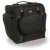 Milwaukee Leather MP8130 motorcycle back rest sissy bar rack bag in black textile with padded back support and mounting hardware.
