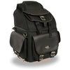 Milwaukee Leather MP8155 black textile motorcycle sissy bar bag with five-pocket design on a bike seat.