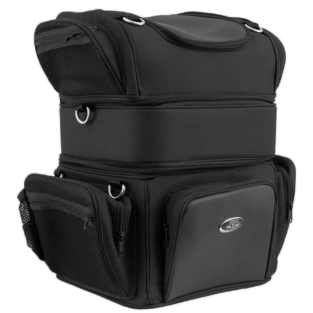 Milwaukee Leather black textile motorcycle sissy bar rack bag with triple barrel design and five bonus pockets for storage.