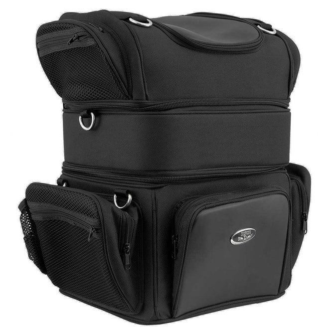 Milwaukee Leather black textile motorcycle sissy bar rack bag with triple barrel design and five bonus pockets for storage.