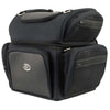 Milwaukee Leather MP8170 black textile motorcycle sissy bar rack bag with five pockets, designed for bikers and motorcycle storage.