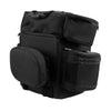 Black leather motorcycle sissy bar bag with five pockets and double barrel design, suitable for Milwaukee Leather biker bags.