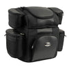 Medium black Milwaukee Leather 5-pocket motorcycle textile double barrel sissy bar bag with straps and zipper closures.