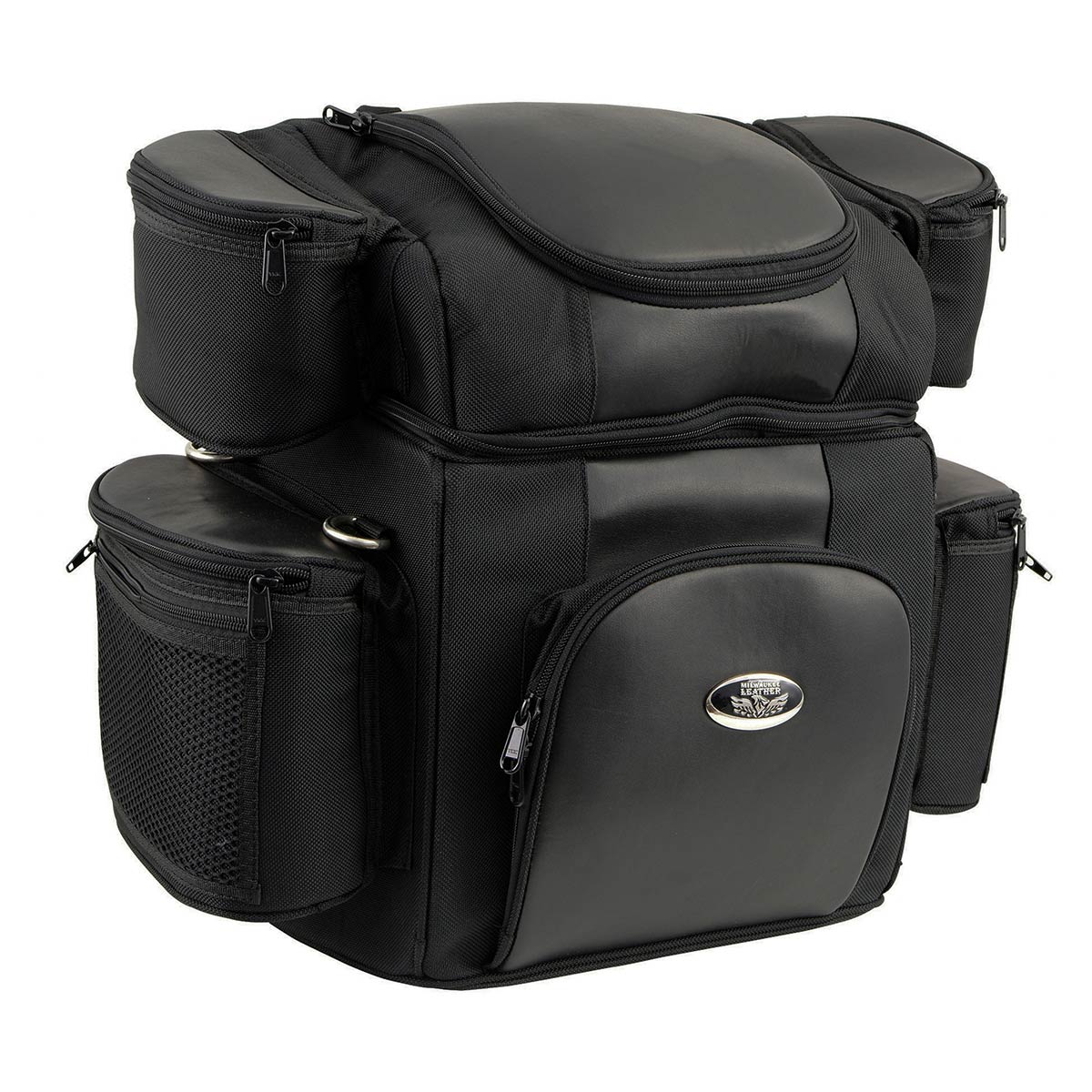 Medium black Milwaukee Leather 5-pocket motorcycle textile double barrel sissy bar bag with straps and zipper closures.