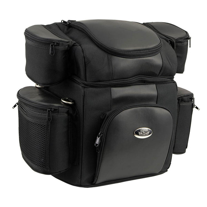 Medium black Milwaukee Leather 5-pocket motorcycle textile double barrel sissy bar bag with straps and zipper closures.