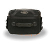 Milwaukee Leather MP8190 small black motorcycle sissy bar rack bag with sporty textile and PVC design on a bike.