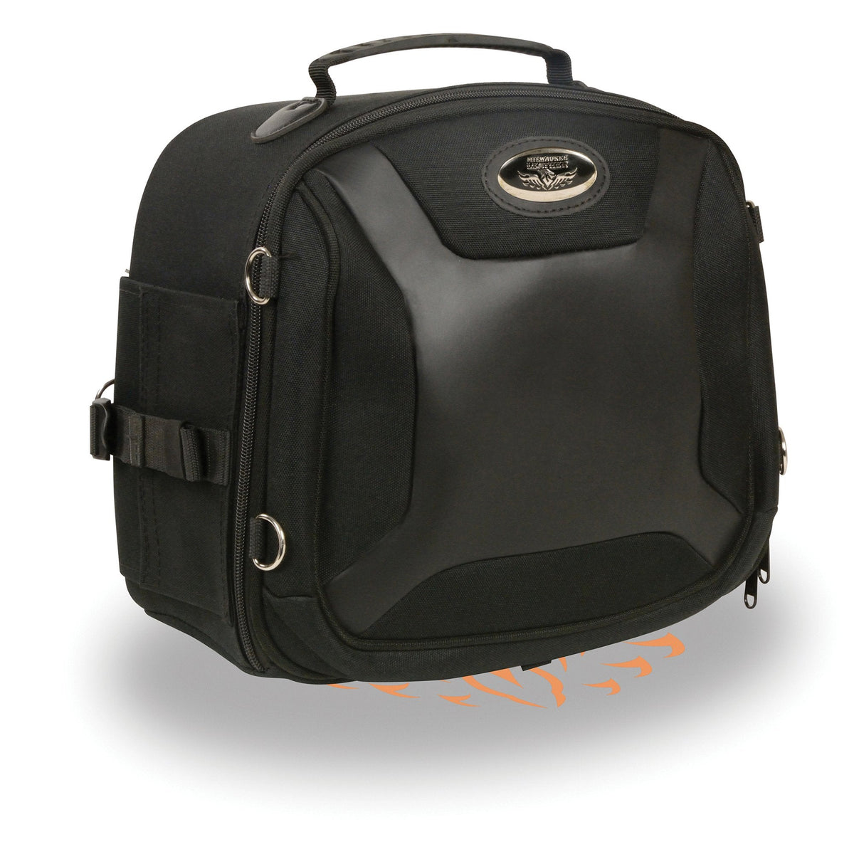 Milwaukee Leather MP8190 small black motorcycle sissy bar rack bag with sporty textile and PVC materials for bikers.