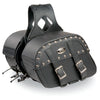 Milwaukee Leather MP8330 black medium zip-off PVC studded biker saddlebag with throw-over design on a motorcycle.