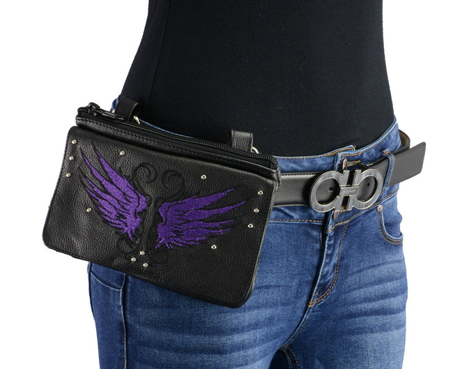 Milwaukee Leather purple and black ladies leather winged multi-pocket belt bag with clip and thigh strap design.