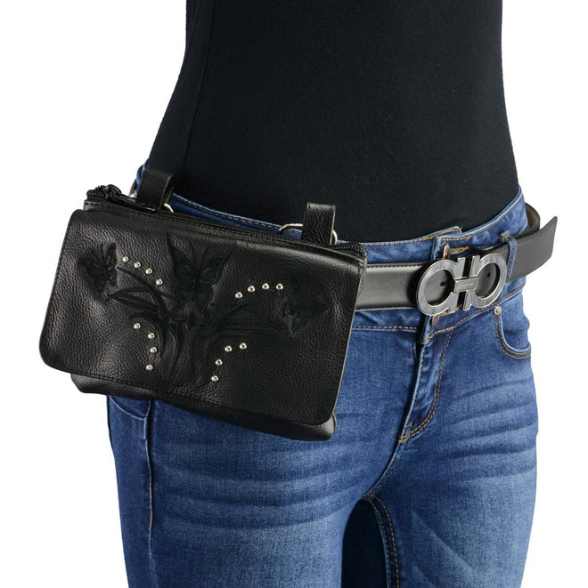 Milwaukee Leather women's black leather belt bag with multiple pockets, clip and thigh style for convenient carrying.