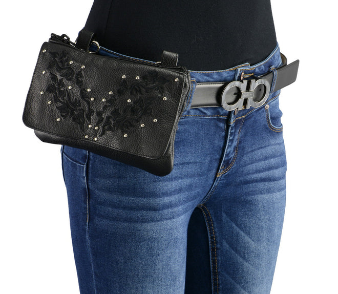 Milwaukee Leather Women's Flower black leather belt bag with multiple pockets, clip and thigh strap, stylish and functional accessory.