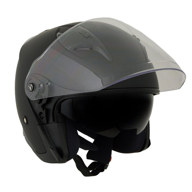 Milwaukee Leather MPH9805DOT Shift open face matte black motorcycle helmet with drop-down tinted visor for men and women.