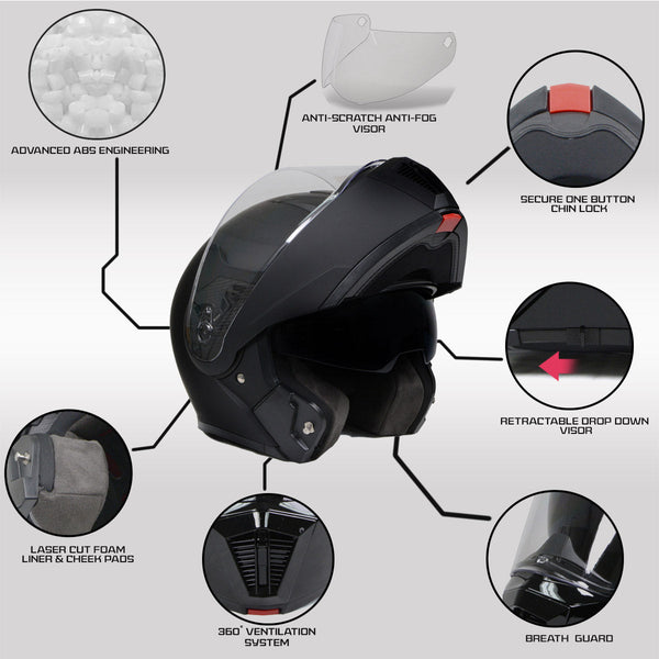 FLAT MPH9812DOT BLACK MODULAR Helmet for Men and Women Biker w/ Drop D ...