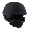 Milwaukee Leather Rascal 3/4 open face motorcycle helmet in flat black with chin strap and clear visor, front view.