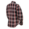 Milwaukee Leather women’s plaid flannel biker shirt with CE armor and aramid fiber reinforcement, casual textile clothing.