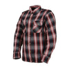 Milwaukee Leather women's plaid flannel biker shirt with CE armor, reinforced textile clothing, and aramid fiber for protection.
