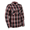 Milwaukee Leather women's plaid flannel biker shirt with CE-approved armor, reinforced with aramid fiber, displayed on a hanger.