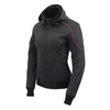Milwaukee Leather women's black soft shell motorcycle jacket with armor and hoodie, racing style, suitable for women riders.