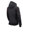 Milwaukee Leather women's black soft shell armored motorcycle jacket with hoodie, featuring racing style design and protective details.