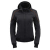 Milwaukee Leather Women's black soft shell armored motorcycle jacket with hoodie, featuring a racing style design and protective details.