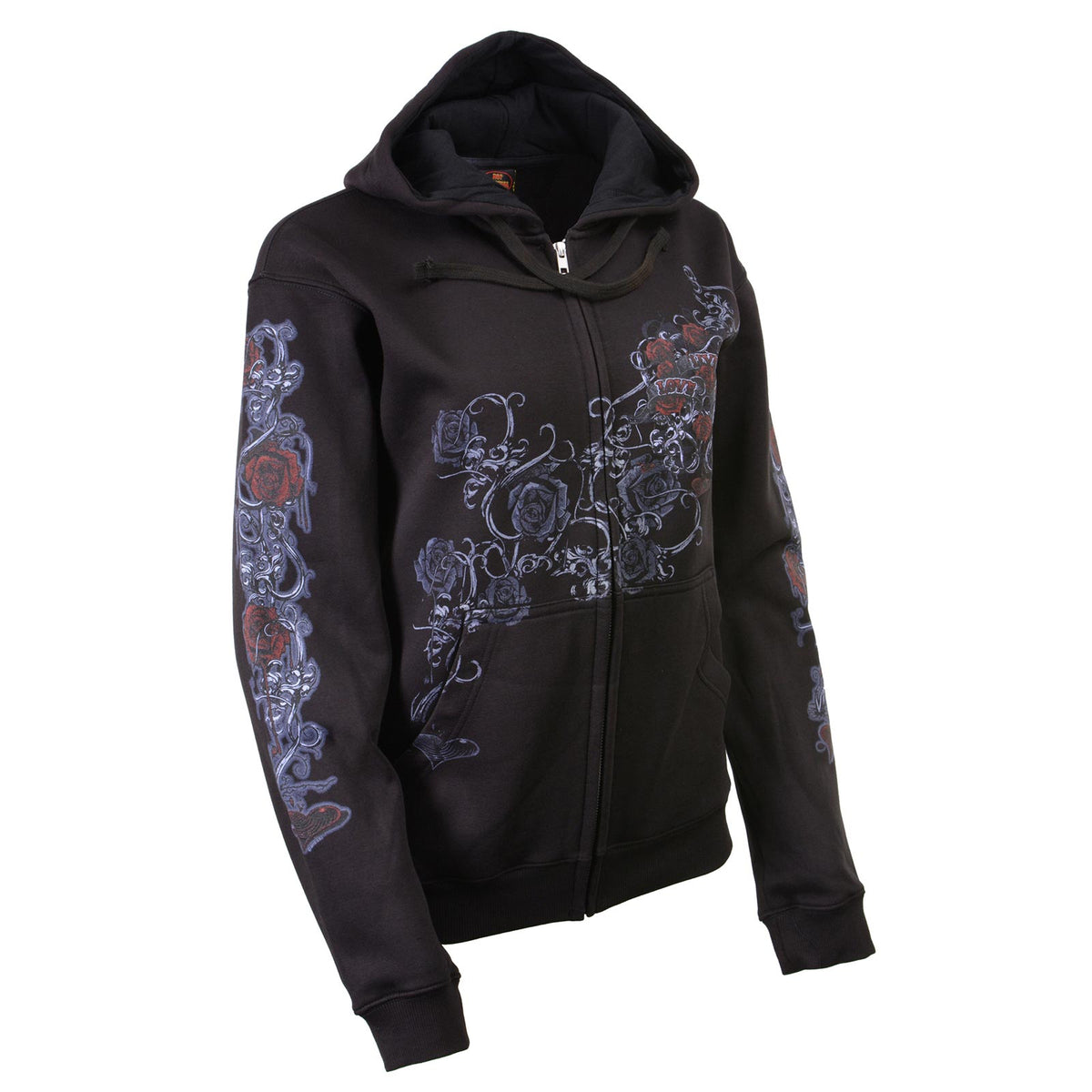 Milwaukee Leather women's black hoodie sweatshirt with "Live, Love, Ride" and roses artwork, made by HighwayLeather.