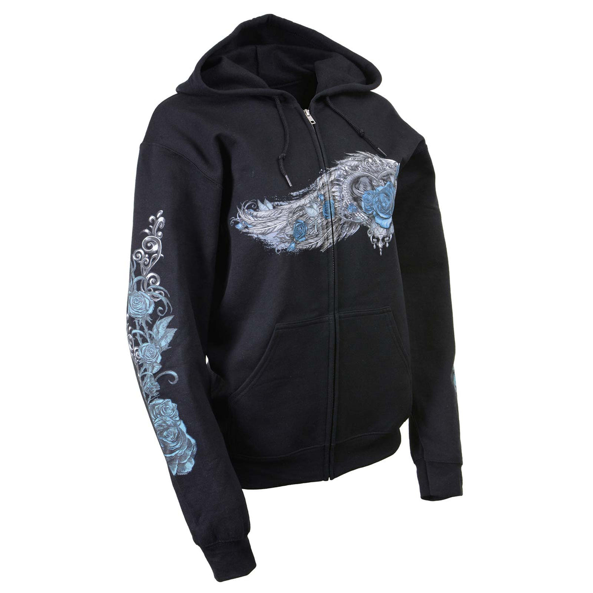 Black zip-up hooded sweat shirt for women with angel roses design by Milwaukee Leather, featuring comfortable textile clothing style.