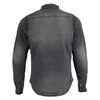 Milwaukee Leather MPM1620 men's black flannel biker shirt with CE armor and aramid fiber reinforcement, displayed on a hanger.