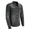 Milwaukee Leather men's black flannel biker shirt with CE armor, reinforced with aramid fibers, displayed on a hanger.