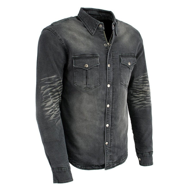 Milwaukee Leather men's black flannel biker shirt with CE armor, reinforced with aramid fibers, displayed on a hanger.