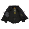 Milwaukee Leather MPM1620 men's black flannel biker shirt with reinforced armor and aramid fibers, interior view showing protective features.